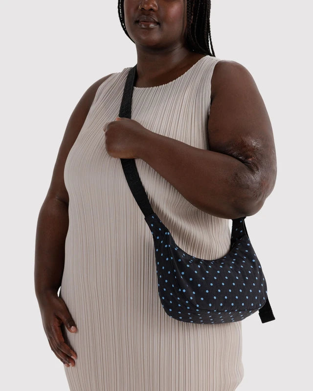 BAGGU Small Nylon Crescent Bag Black and Sky Blue Micro Dot interior pocket detail - PABOOM