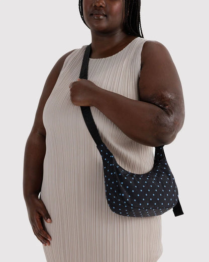 BAGGU Small Nylon Crescent Bag Black and Sky Blue Micro Dot interior pocket detail - PABOOM
