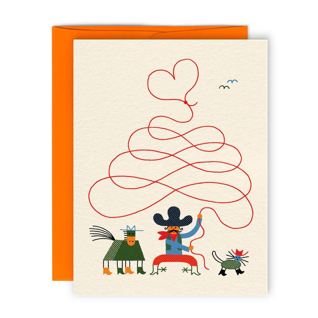 Illustrated cowboy lassoing a heart-shaped rope, with a horse and small dog nearby