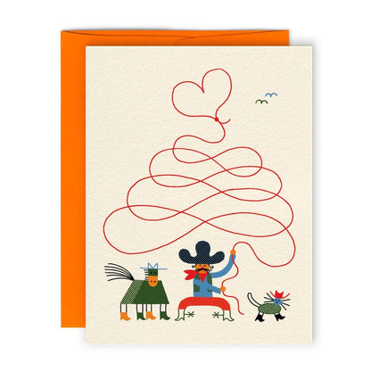 Illustrated cowboy lassoing a heart-shaped rope, with a horse and small dog nearby