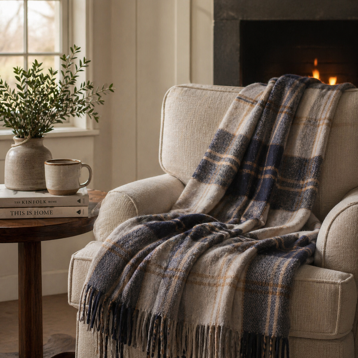 Close-up of Bannockbane Silver tartan wool throw weave and colour palette - PABOOM