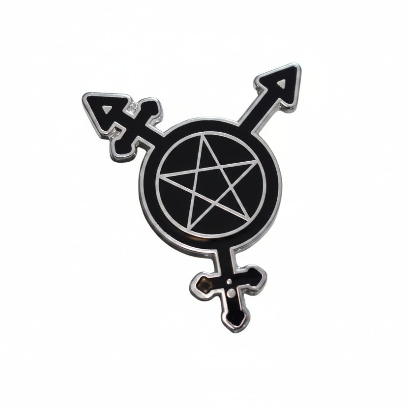 Trans Symbol Pentacle enamel pin displayed on a card backing for scale