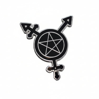 Trans Symbol Pentacle enamel pin displayed on a card backing for scale
