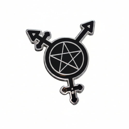 Trans Symbol Pentacle enamel pin displayed on a card backing for scale
