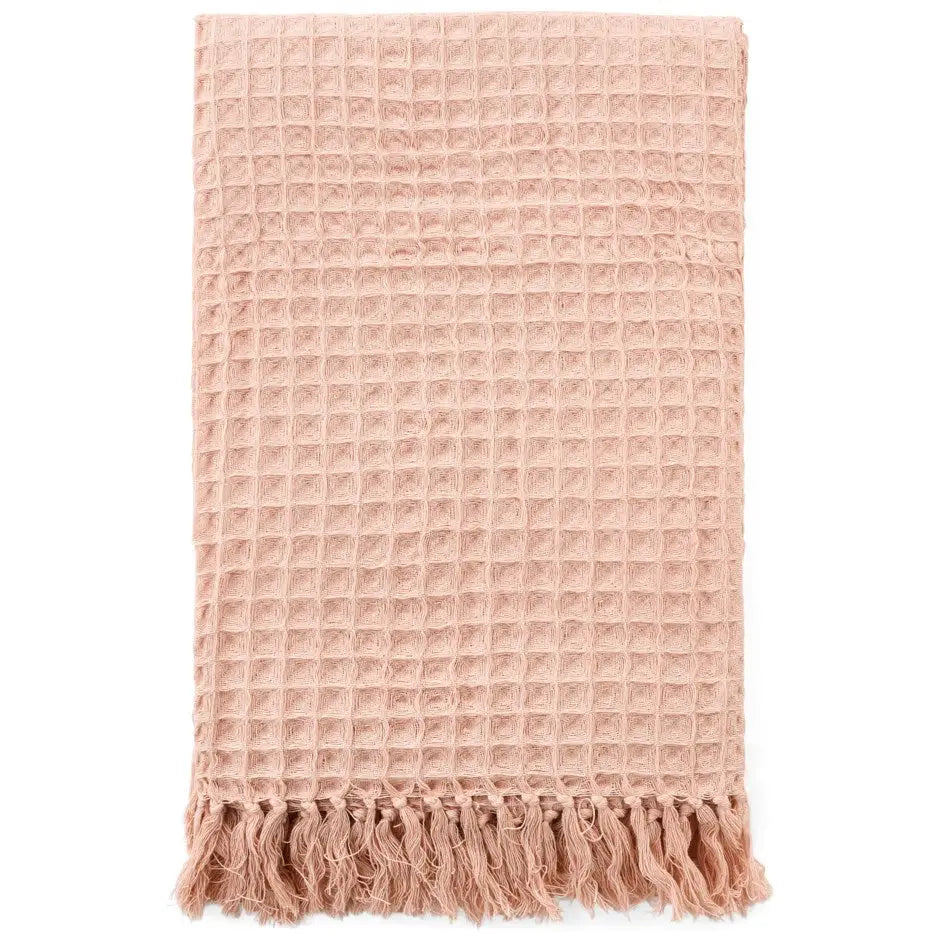 ADV - Cotton Waffle Throw Pink - peach-colored waffle-knit blanket fringed edges