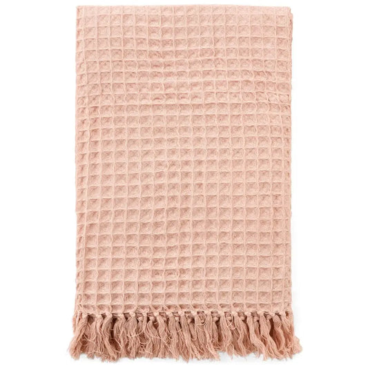 ADV - Cotton Waffle Throw Pink - peach-colored waffle-knit blanket fringed edges
