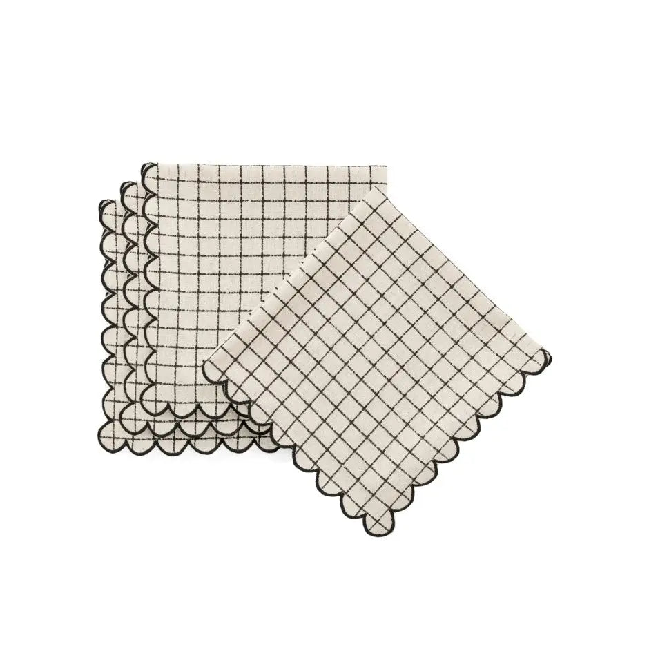 ADV - Scallop Edge Ecru + Black Napkins - stack off-white napkins black grid