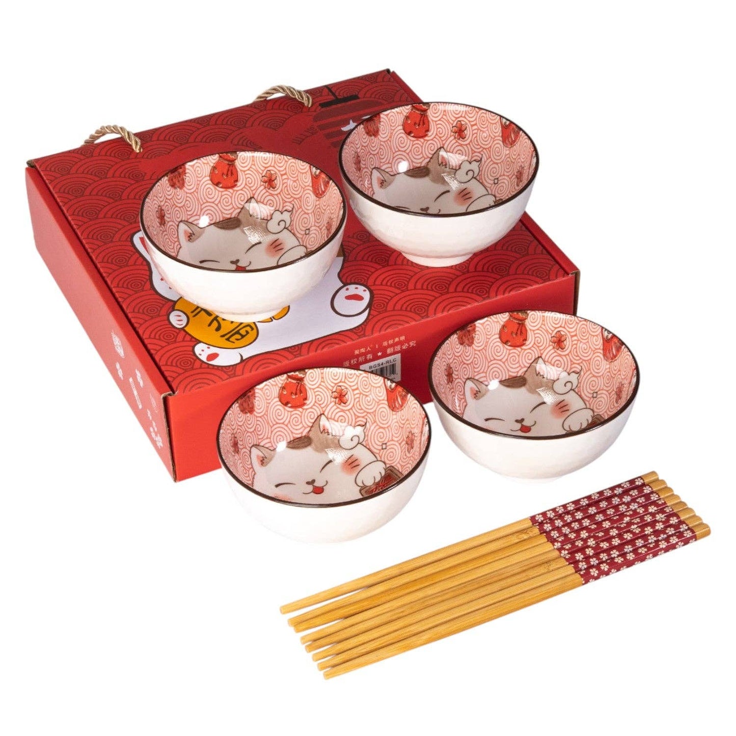 Four pink porcelain bowls with a sleeping lucky cat illustration, packaged in a red gift box with matching bamboo chopsticks in front