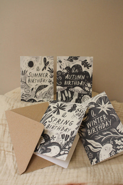 'A Summer Birthday' seasonal card shown at an angle with envelope