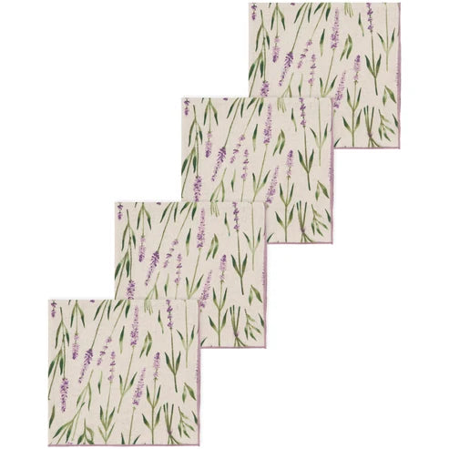 Four folded napkins printed with purple lavender sprigs on cream cotton-linen - PABOOM