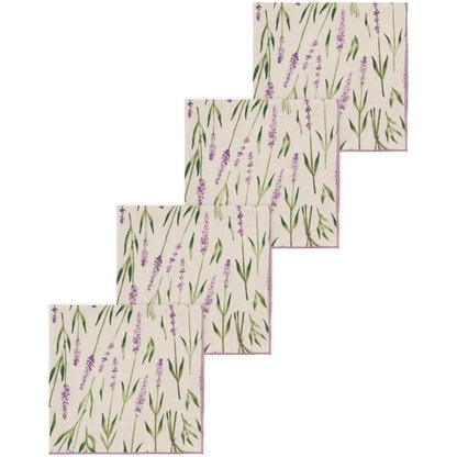 Four folded napkins printed with purple lavender sprigs on cream cotton-linen - PABOOM