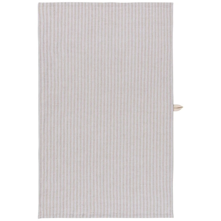 Grey and cream vertically striped linen-cotton dishtowel with a small wooden hanging tab – PABOOM