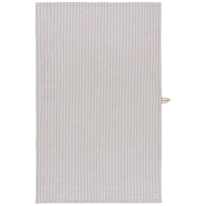 Grey and cream vertically striped linen-cotton dishtowel with a small wooden hanging tab – PABOOM