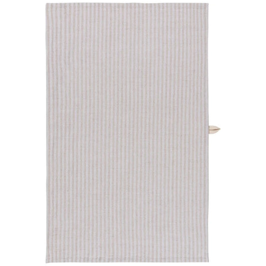 Grey and cream vertically striped linen-cotton dishtowel with a small wooden hanging tab – PABOOM