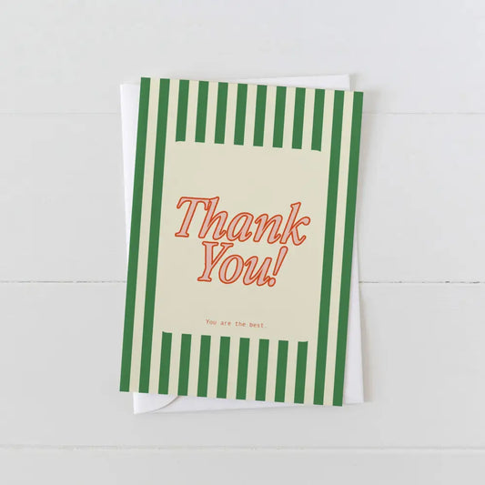 Artbaby greeting card with green and cream stripes with red font "Thank You! You are the best." -PABOOM