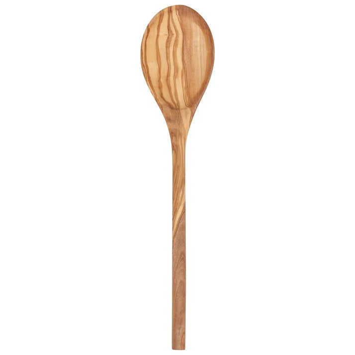 Long-handled olive wood spoon with natural swirled grain pattern standing upright – PABOOM