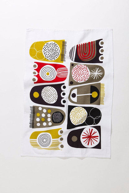 Tulips tea towel with mustard yellow, red and black mid century pattern - PABOOM