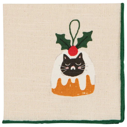 Bauble Cats napkin close-up showing the embroidered gingerbread ornament motif - PABOOM