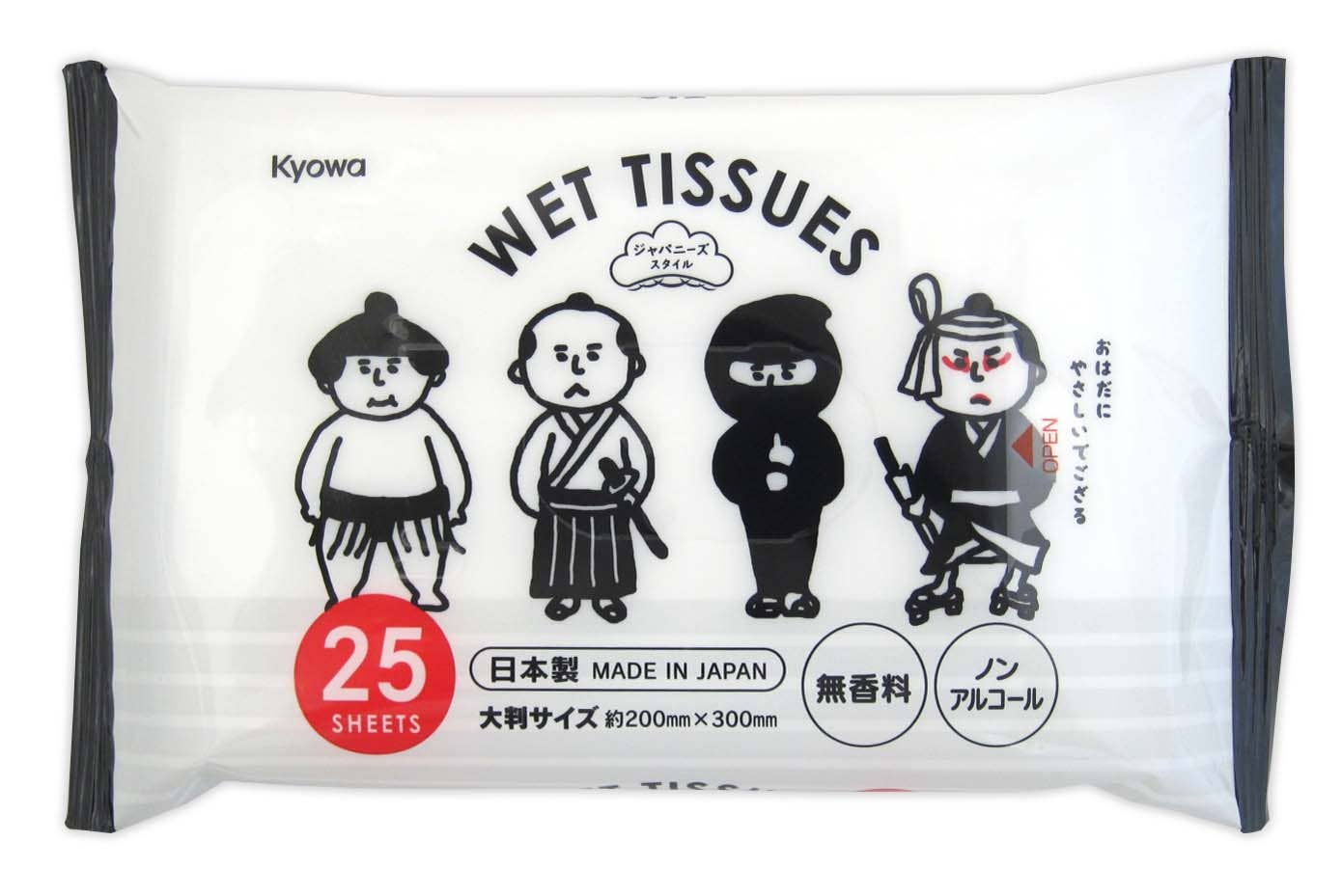 Kyowa unscented wet tissue package featuring illustrated samurai, ninja, and geisha characters, labeled 25 sheets, made in Japan