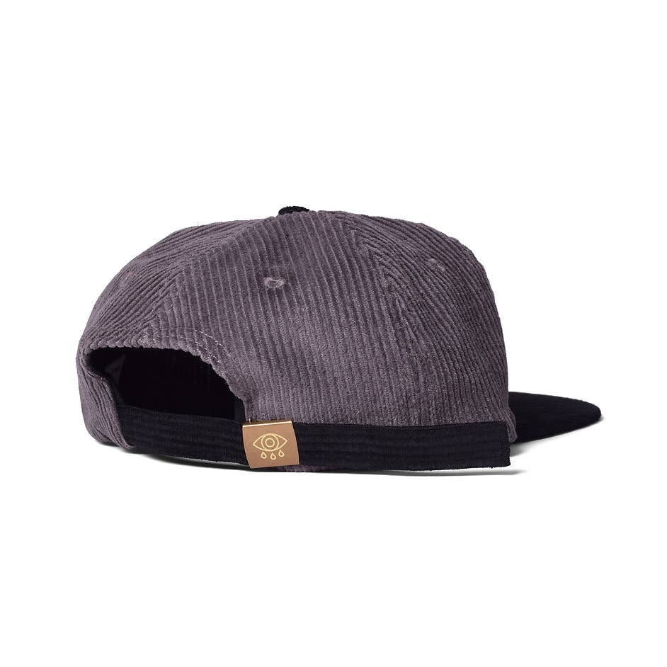 Side view of the charcoal corduroy Snake Lord dad hat showing the black brim and adjustable clasp - PABOOM