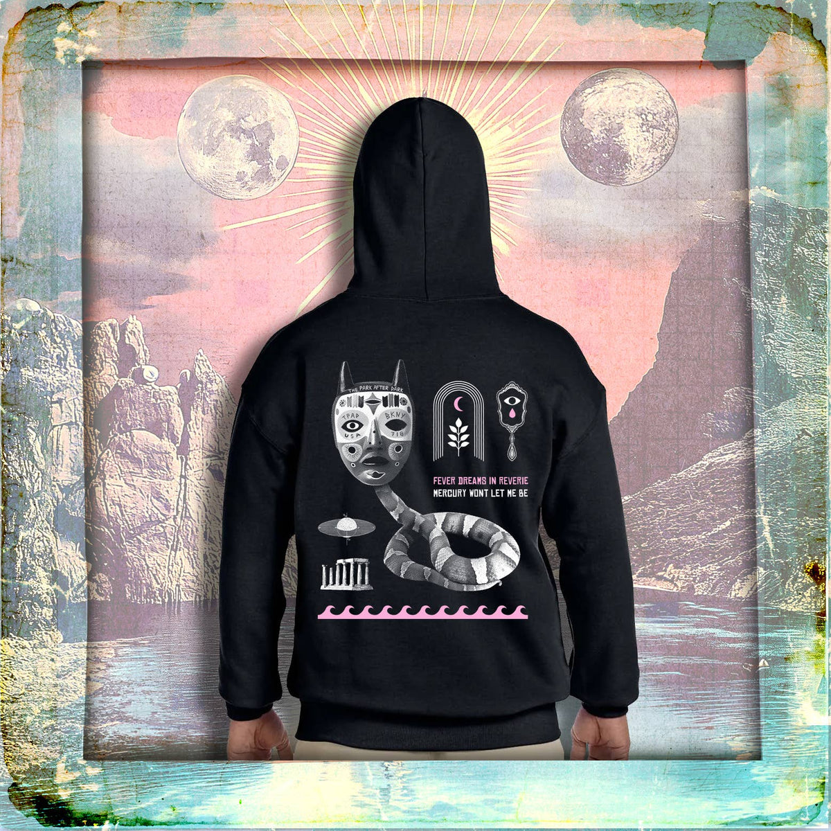 Front view of the black Fever Dreams zip-up hoodie - PABOOM
