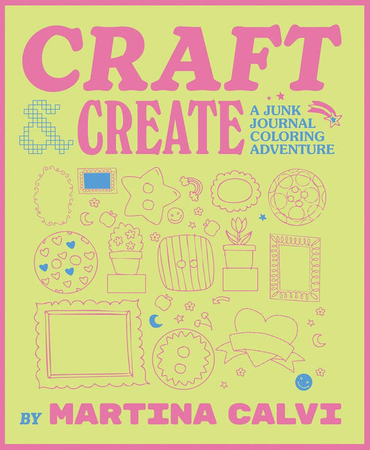Craft + Create junk journal colouring book cover in pink and lime with doodled frames and buttons - PABOOM