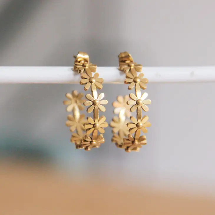 Gold Flower Creole Open Hoop Earrings