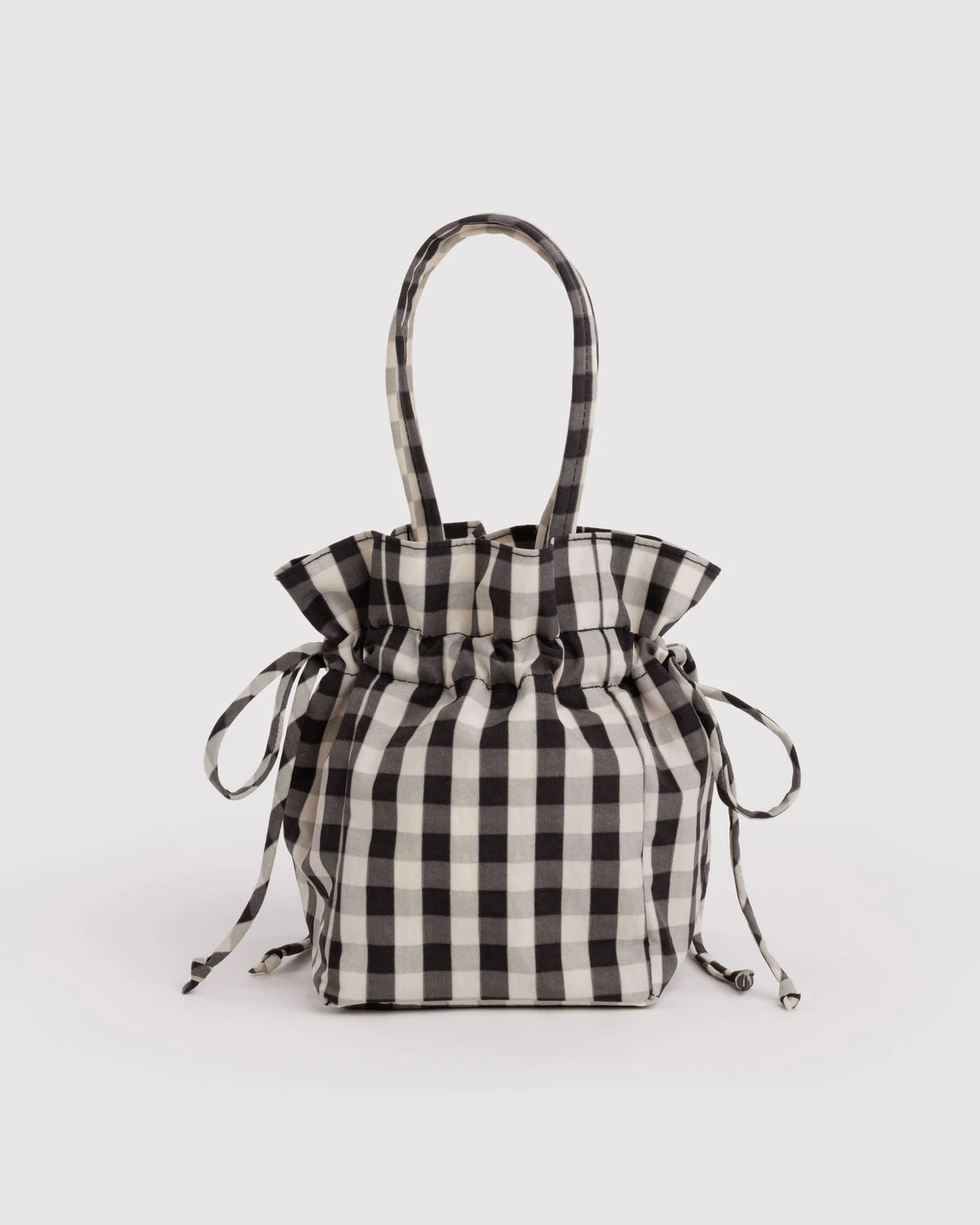 BAGGU Nylon Drawstring Bag - Black and Cream Gingham