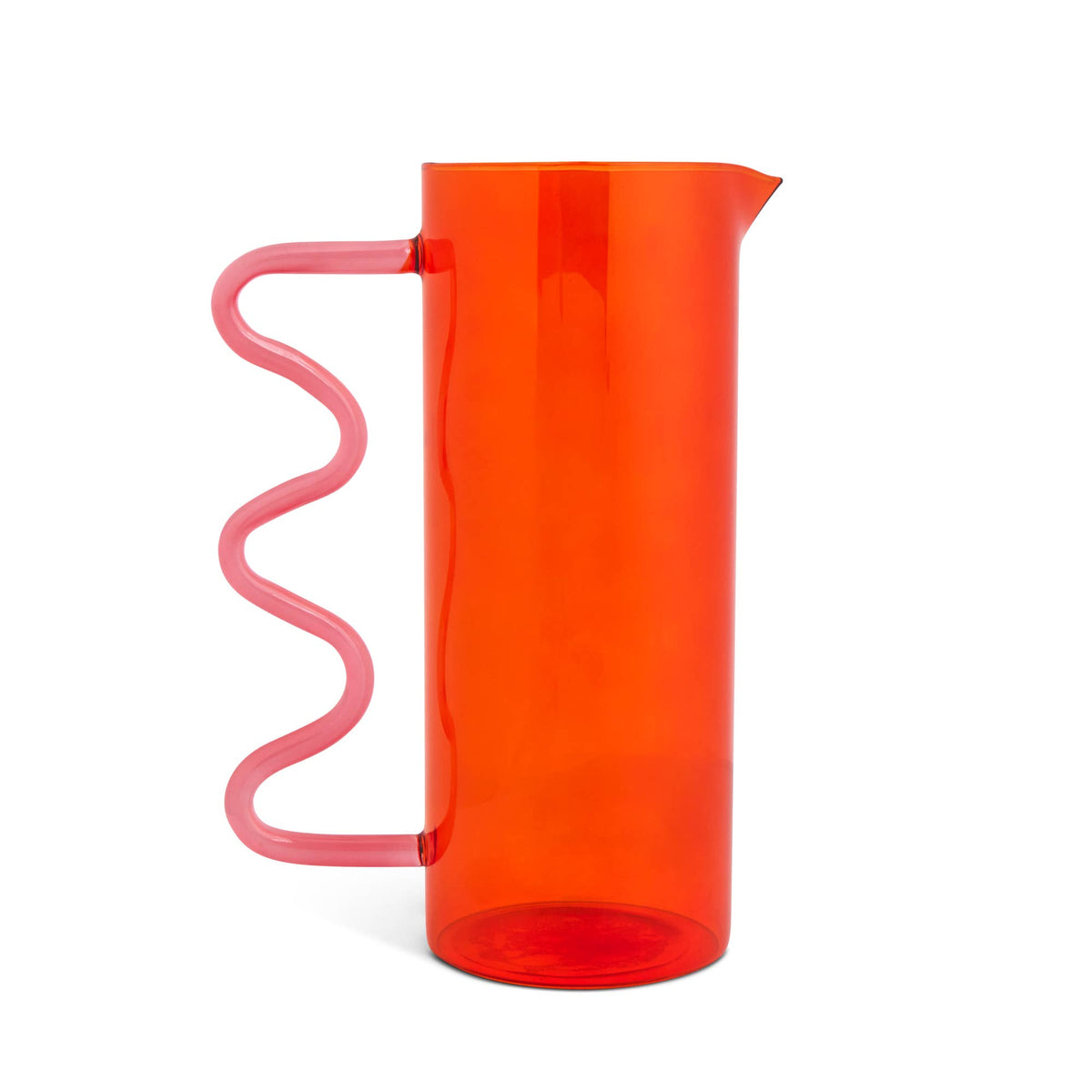 Red-orange glass 44oz Squiggle Pitcher with a pink wavy squiggle handle