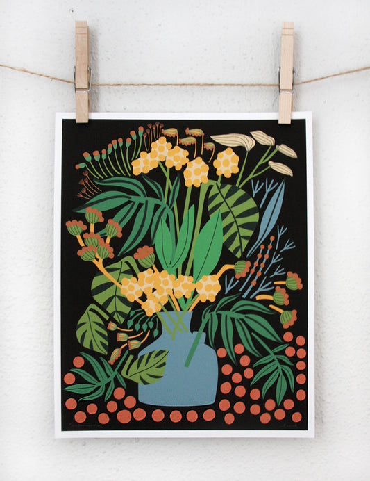 Still life art print of a vase with yellow polka-dot flowers and green monstera leaves on a black background, clipped to a string — PABOOM