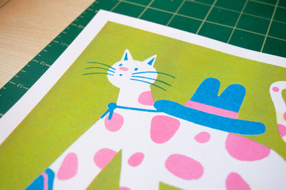 Cowboy Cat Square Risograph Art Print