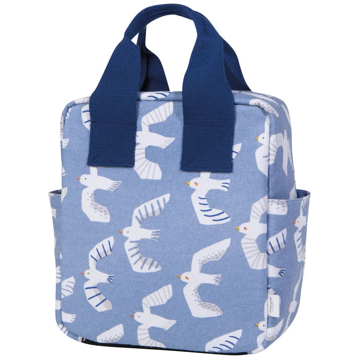 Mineral blue insulated lunch tote with a hand-drawn seagull print and navy straps – PABOOM