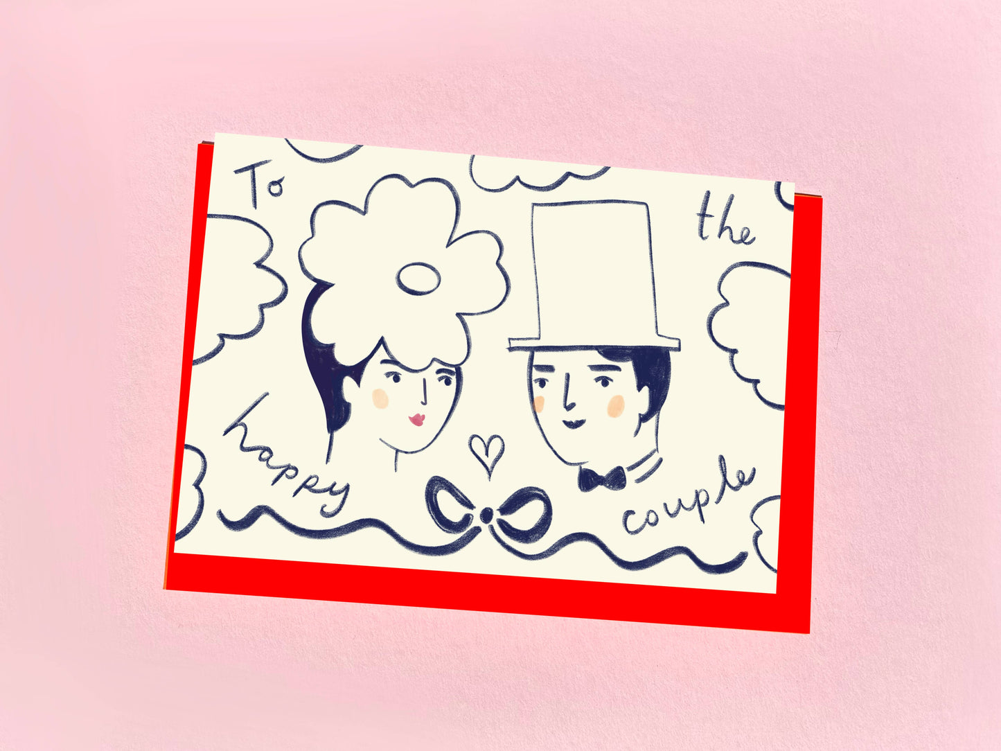 Hand-drawn Kitty Kenda wedding card illustrating a flower-crowned bride and top-hatted groom with a heart and bow, on cream cardstock with red edge