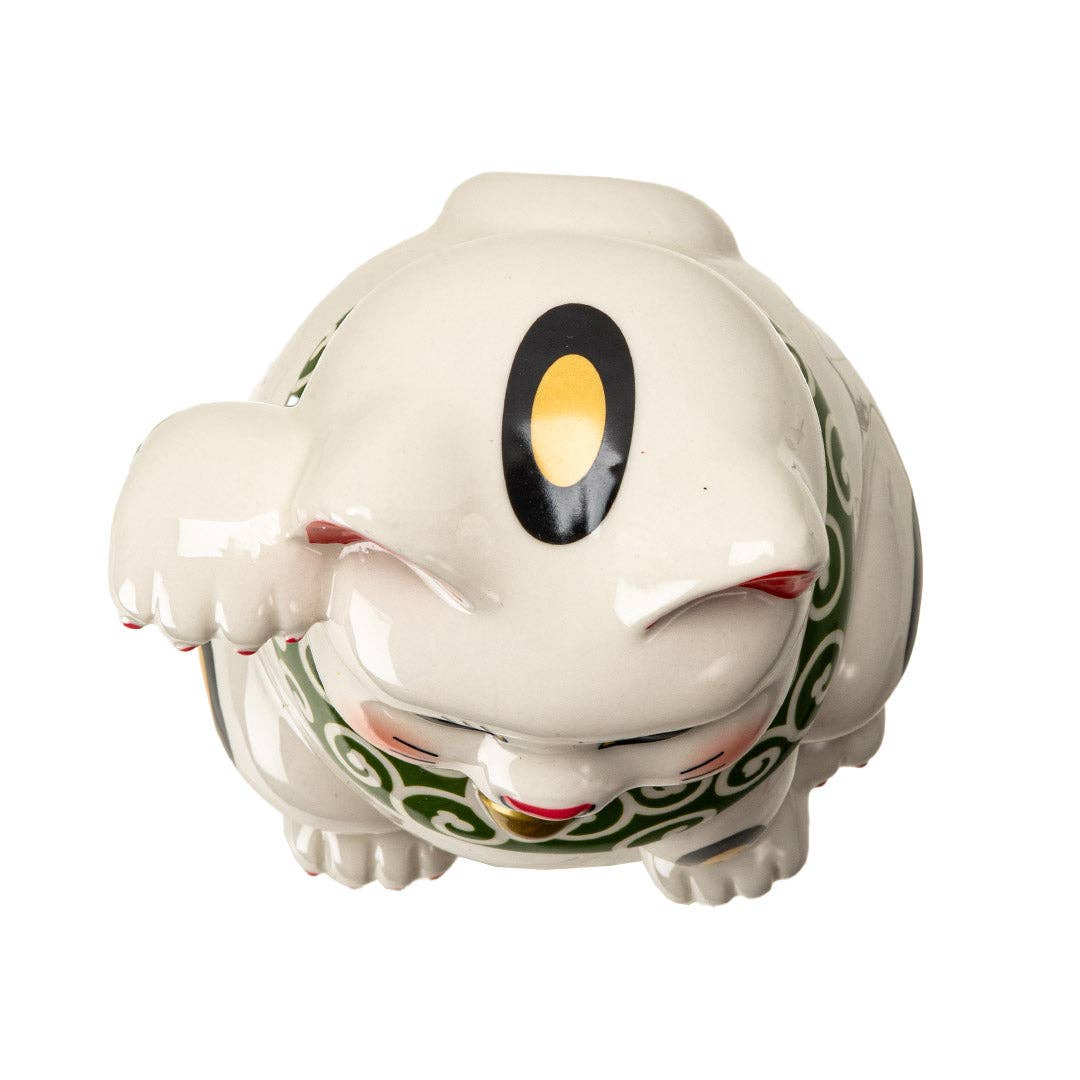 Maneki Neko cookie jar back view showing lid seam