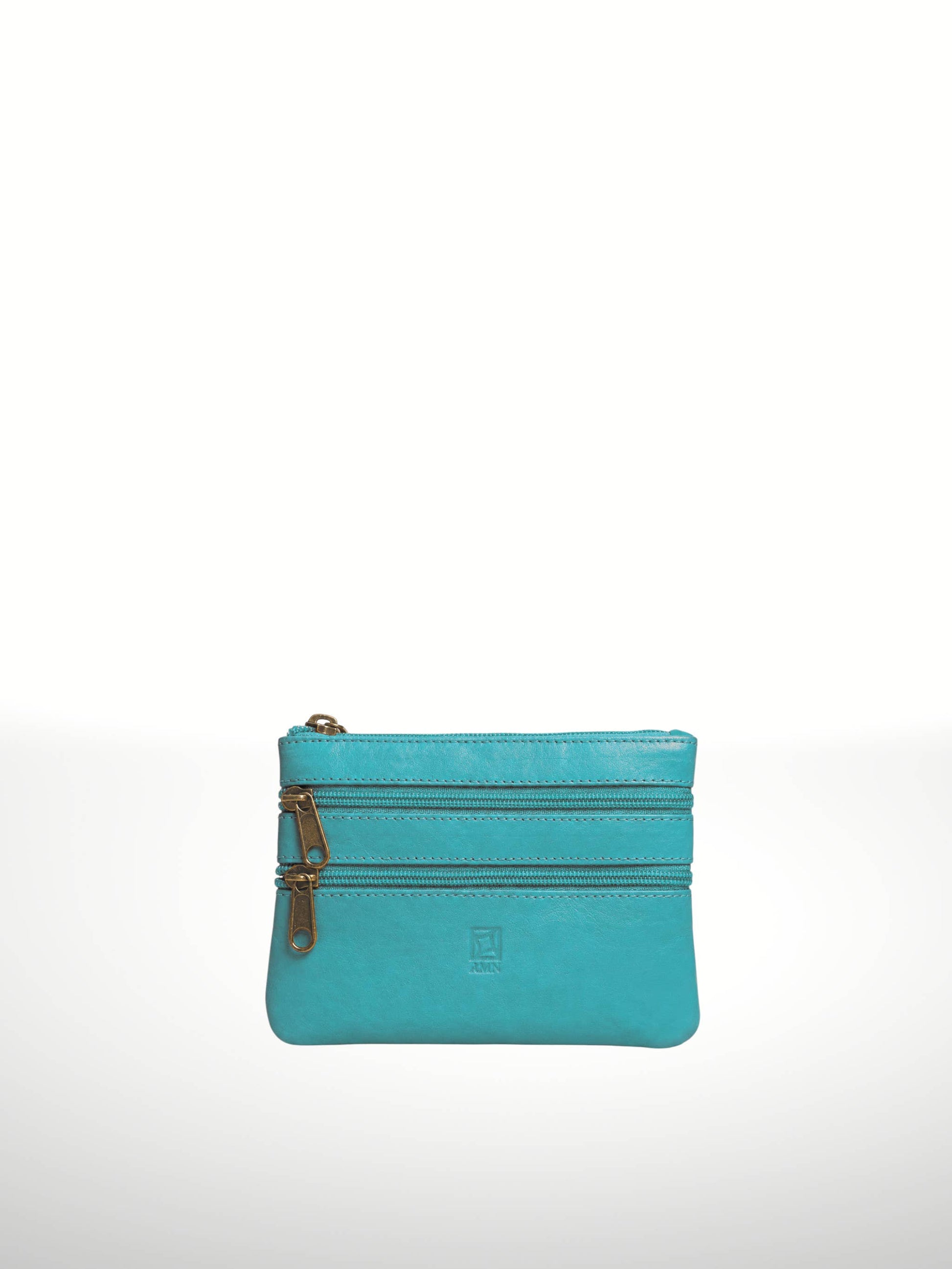 Titan Leather Wallet in Turquoise — compact three-zip leather pouch with embossed logo tab, shown flat on white background