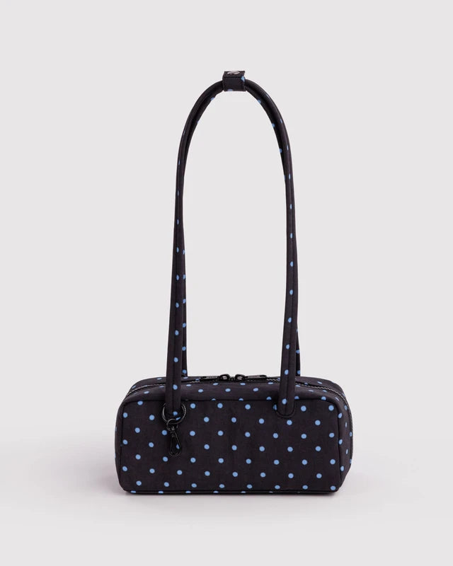 BAGGU Small Nylon Bowler Bag in Black and Sky Blue Micro Dot with charm loops and swivel clasp - PABOOM