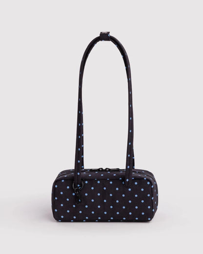 BAGGU Small Nylon Bowler Bag in Black and Sky Blue Micro Dot with charm loops and swivel clasp - PABOOM