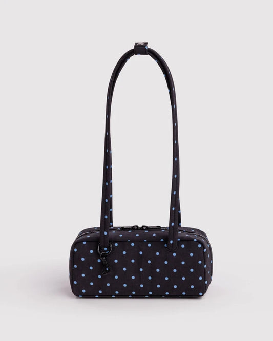 BAGGU Small Nylon Bowler Bag in Black and Sky Blue Micro Dot with charm loops and swivel clasp - PABOOM