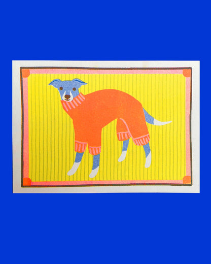 Risograph print of a blue Italian Greyhound wearing an orange sweater on a yellow striped background - PABOOM