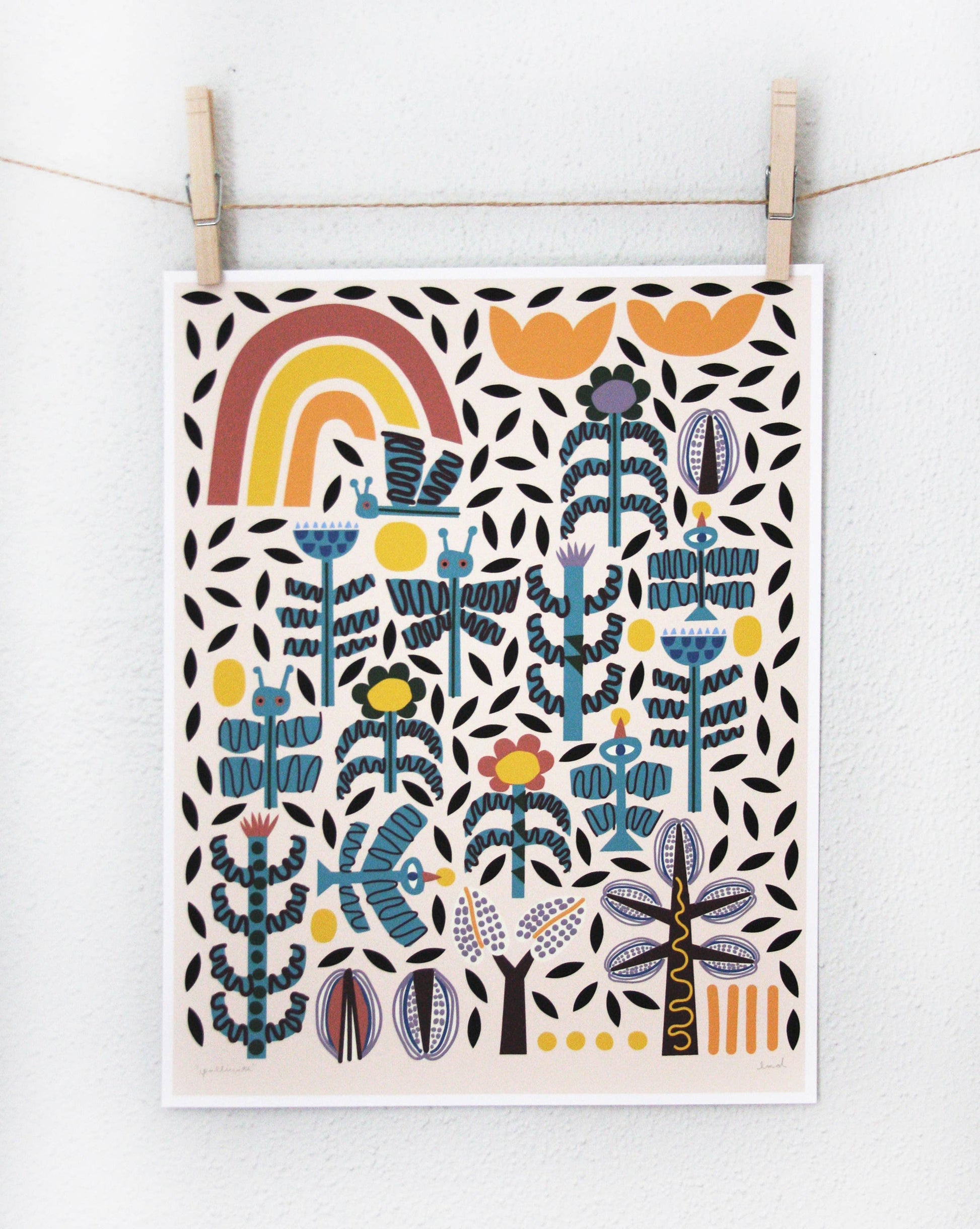 Teal and mustard botanical pattern print with black leaf details on cream background, clipped to a string — PABOOM