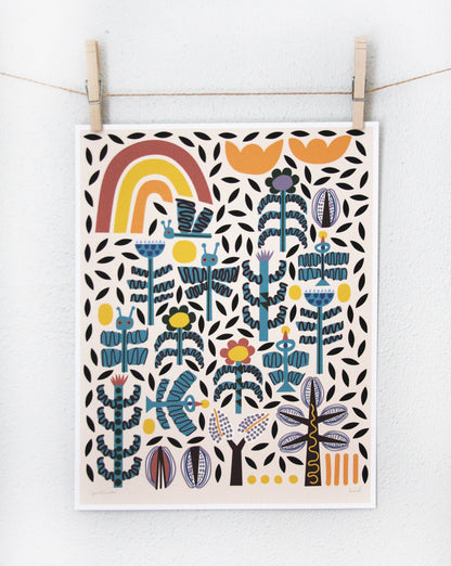 Teal and mustard botanical pattern print with black leaf details on cream background, clipped to a string — PABOOM