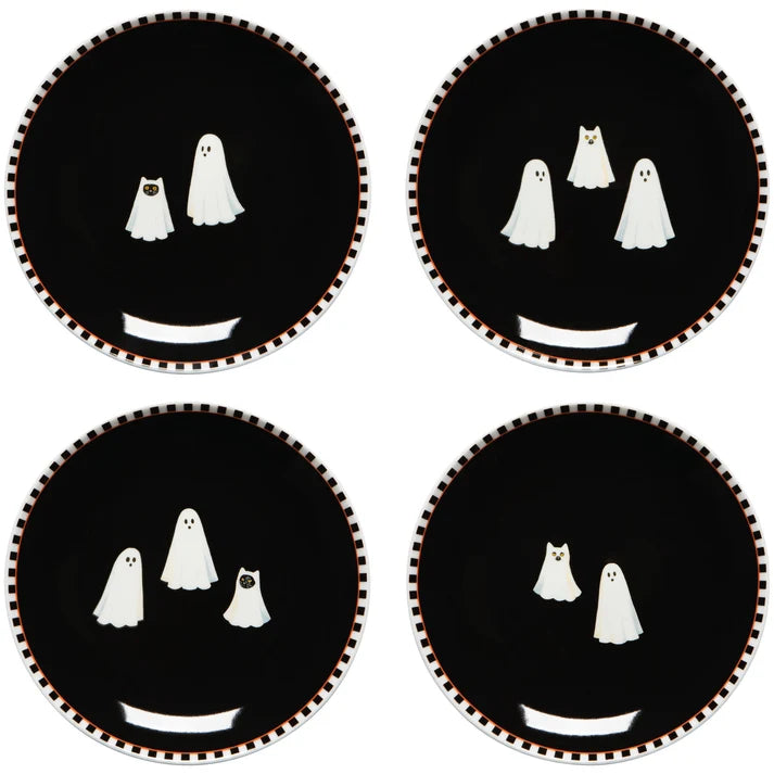 Four black porcelain appetizer plates with a checkerboard border, each printed with different friendly ghost and cat characters – PABOOM