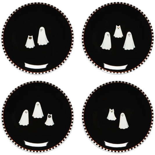 Four black porcelain appetizer plates with a checkerboard border, each printed with different friendly ghost and cat characters – PABOOM