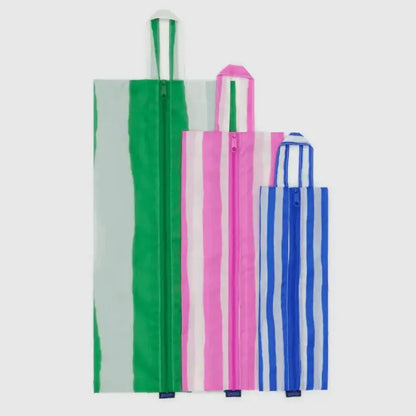 BAGGU 3D Zip Set Painted Stripes - flat view of three zip bags in green, pink and blue stripes - PABOOM