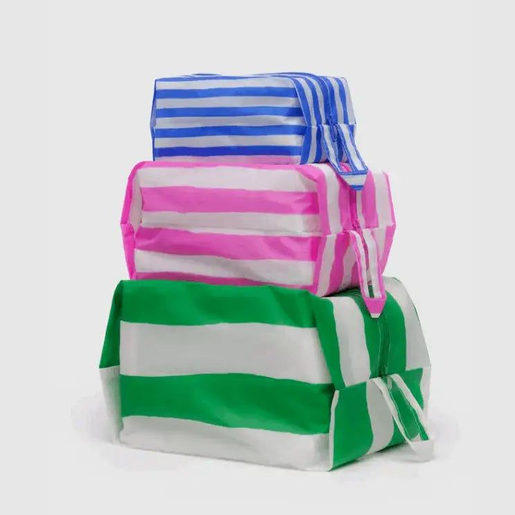 BAGGU 3D Zip Set Painted Stripes - stacked packing cubes in green, pink and blue stripes - PABOOM