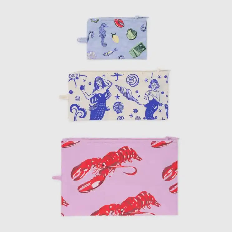 BAGGU Flat Pouch Set Sea Creatures shown in three sizes with ocean-themed prints - PABOOM