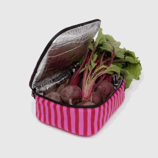 BAGGU Lunch Box in Pink and Red Painted Stripe filled with fresh produce - PABOOM