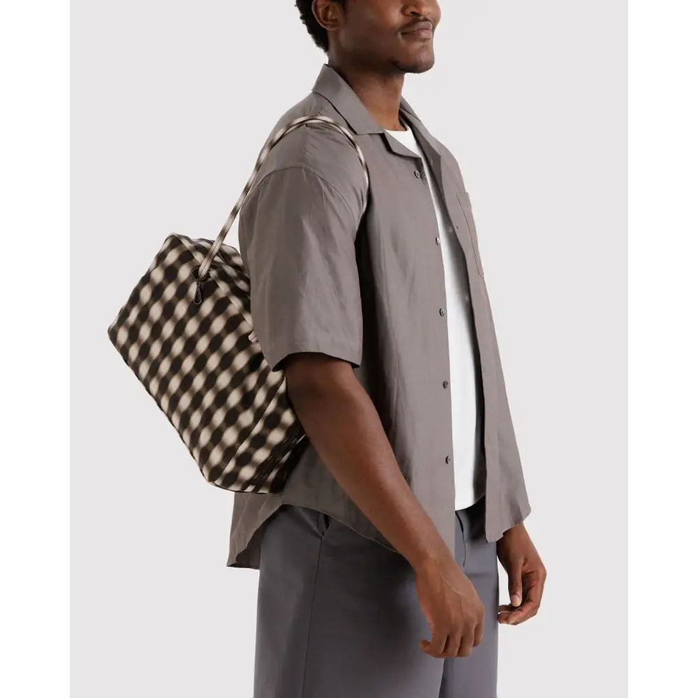 BAGGU Medium Nylon Bowler Bag - Blurred Gingham Brown