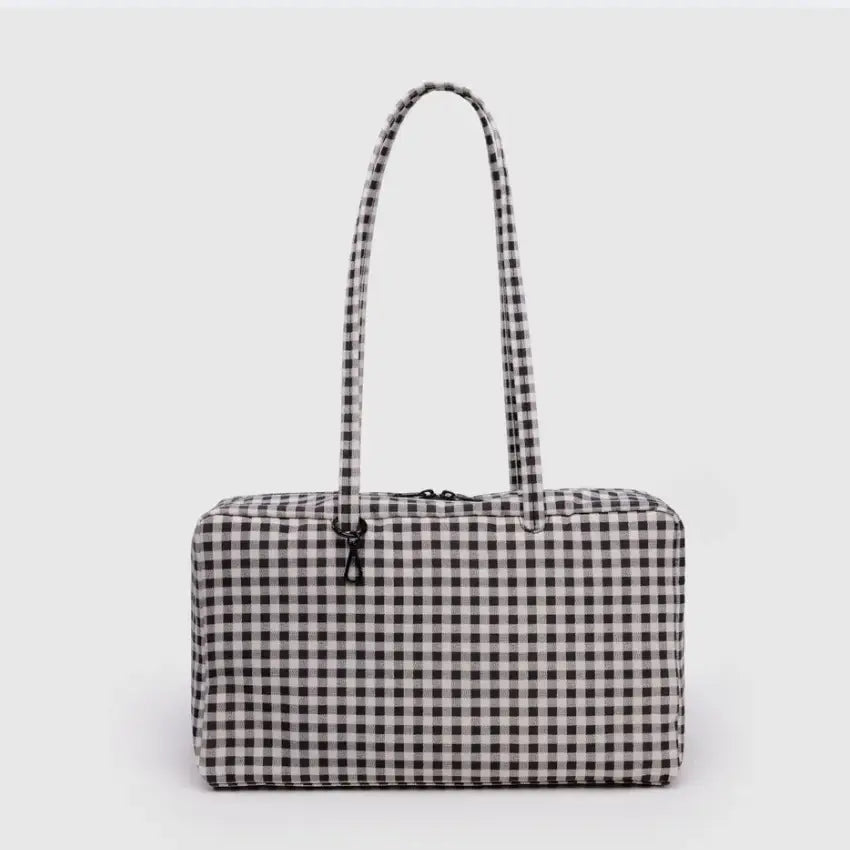 BAGGU Medium Nylon Bowler Bag - Black + White Gingham