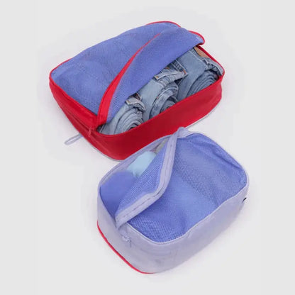 BAGGU Packing Cubes Mesh Berry Mix open with jeans and clothes packed inside - PABOOM
